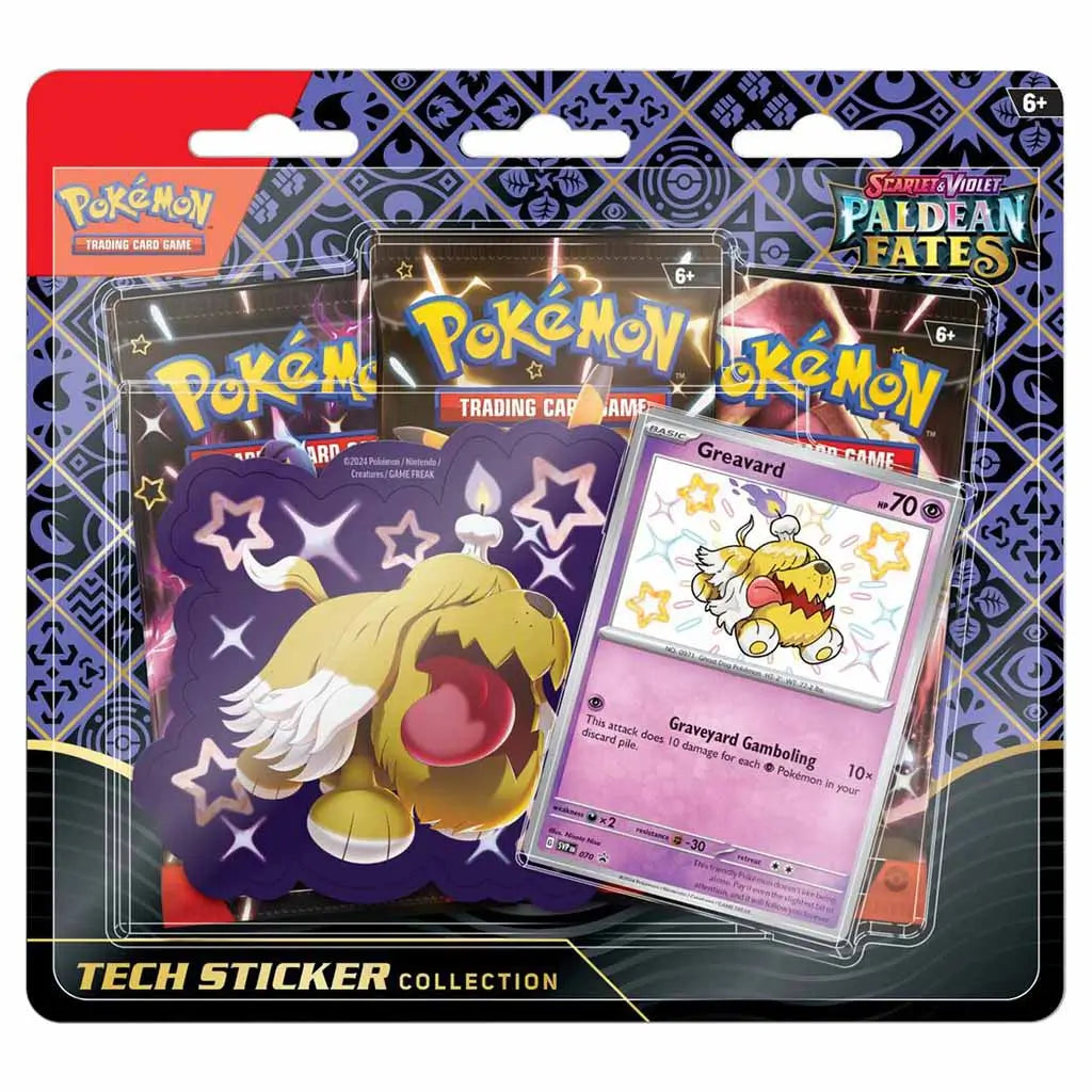 Pokémon TCG Scarlet & Violet Paldean Fates Tech Sticker Collection featuring Greavard promo card, large tech sticker, and three booster packs in branded packaging with dark pattern.