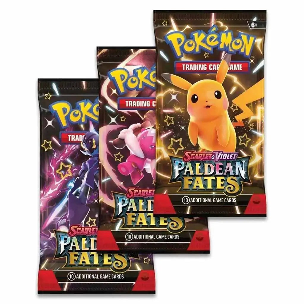 Three Pokémon TCG Scarlet & Violet Paldean Fates booster packs with foil artwork of Pikachu, Mimikyu, and Iron Valiant, fanned out on a white background showcasing bright details.