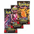 Three Pokémon TCG Scarlet & Violet Paldean Fates booster packs with foil artwork of Pikachu, Mimikyu, and Iron Valiant, fanned out on a white background showcasing bright details.