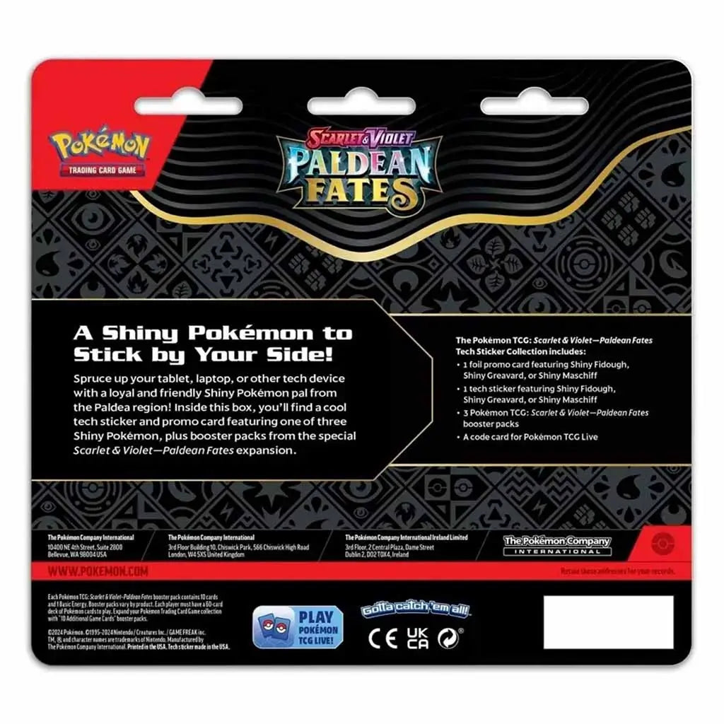 Back of Pokémon TCG Scarlet & Violet Paldean Fates Tech Sticker Collection packaging describing product contents including shiny promo cards, stickers, and booster packs.
