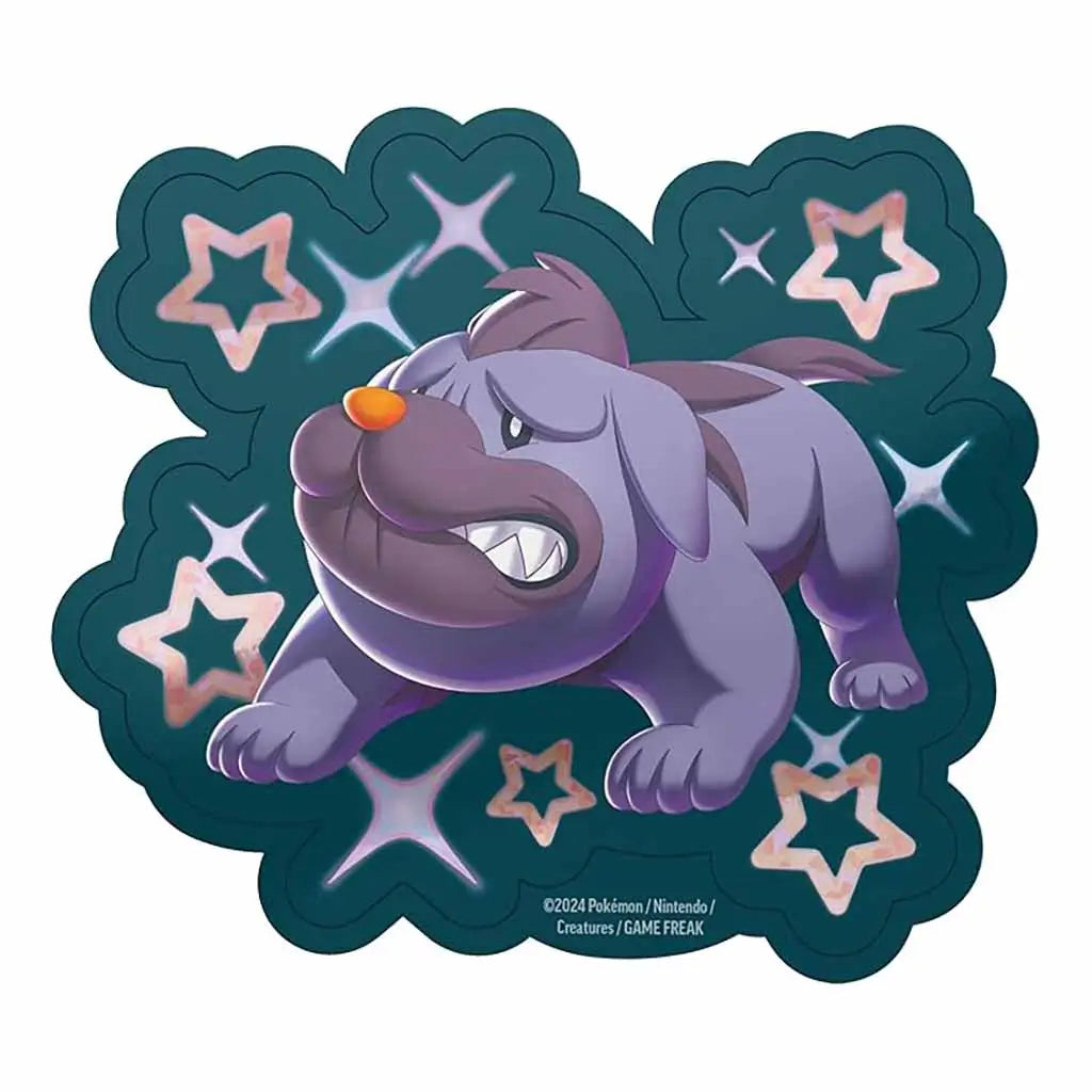 Close-up of Pokémon TCG tech sticker featuring shiny Maschiff with teal starry background and silver accents, part of the Scarlet & Violet Paldean Fates Tech Sticker Collection release.