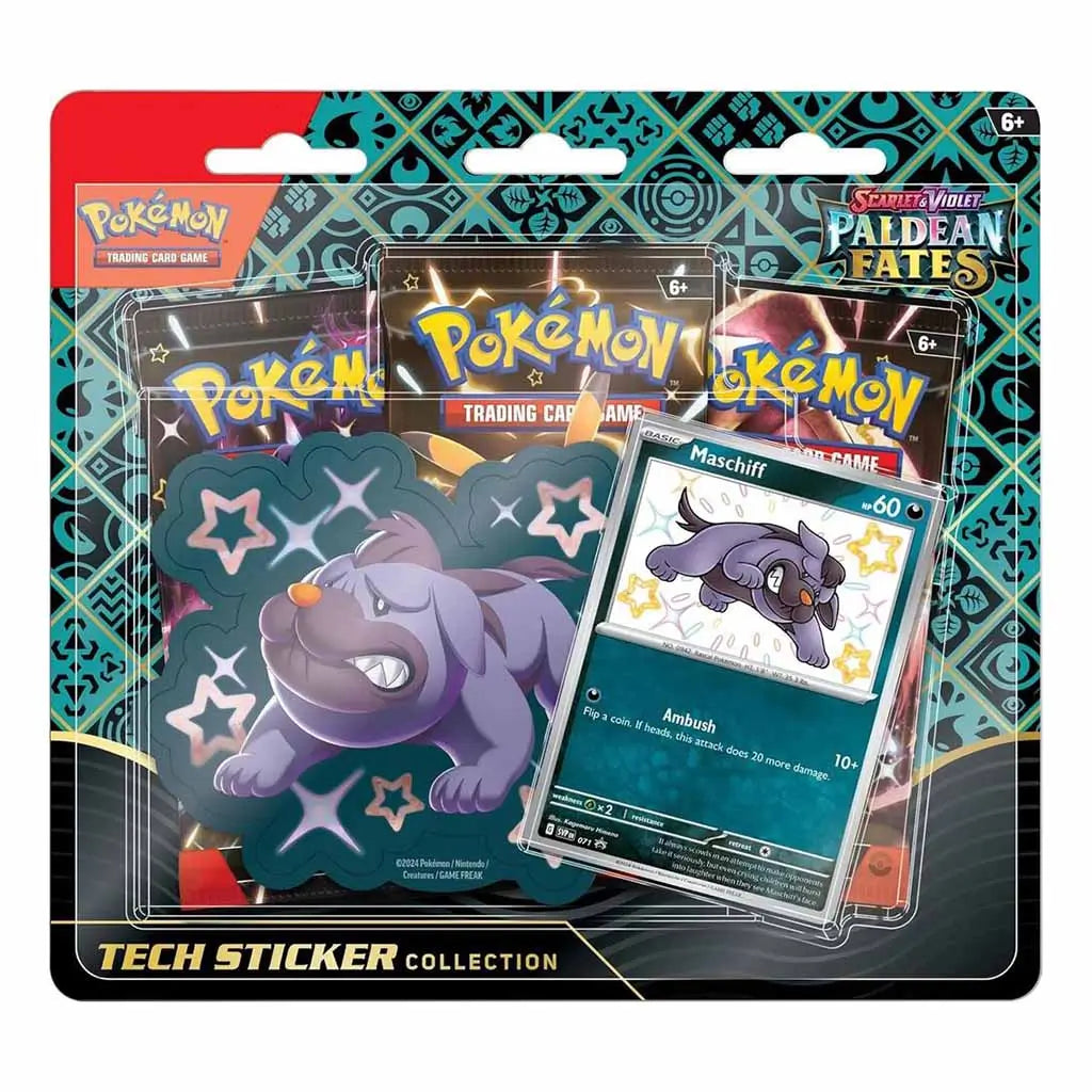 Pokémon TCG Scarlet & Violet Paldean Fates Tech Sticker Collection featuring shiny Maschiff promo card and matching tech sticker in front of three sealed booster packs.