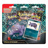 Pokémon TCG Scarlet & Violet Paldean Fates Tech Sticker Collection featuring shiny Maschiff promo card and matching tech sticker in front of three sealed booster packs.