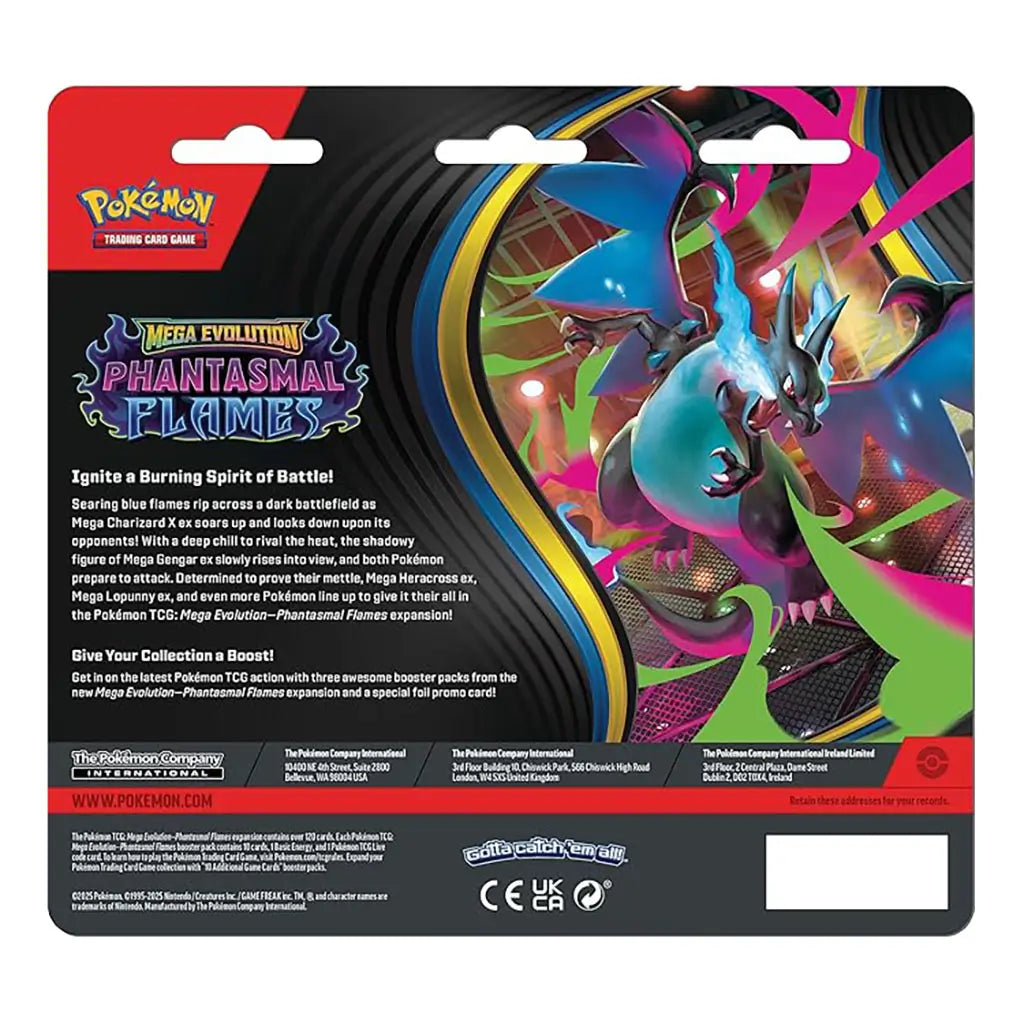 Pokémon TCG Mega Evolution Phantasmal Flames blister pack back with black cardboard backing, printed product details and colorful Mega Charizard artwork, describing contents, gameplay theme, and expansion information for collectible trading cards.