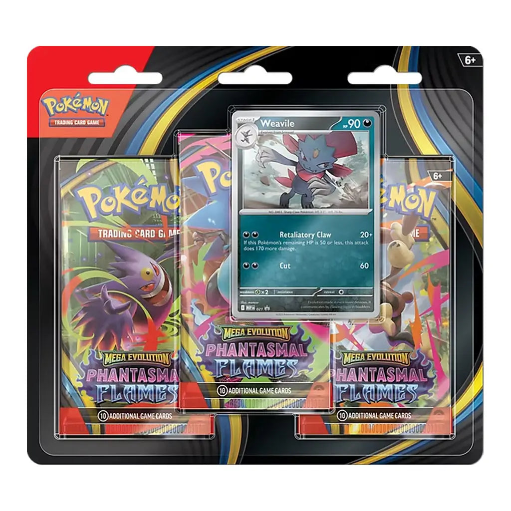 Pokémon TCG Mega Evolution Phantasmal Flames blister pack with black and red cardboard backing, glossy plastic window holding three sealed booster packs and a Weavile promo card, designed for collectible Pokémon trading card gameplay.