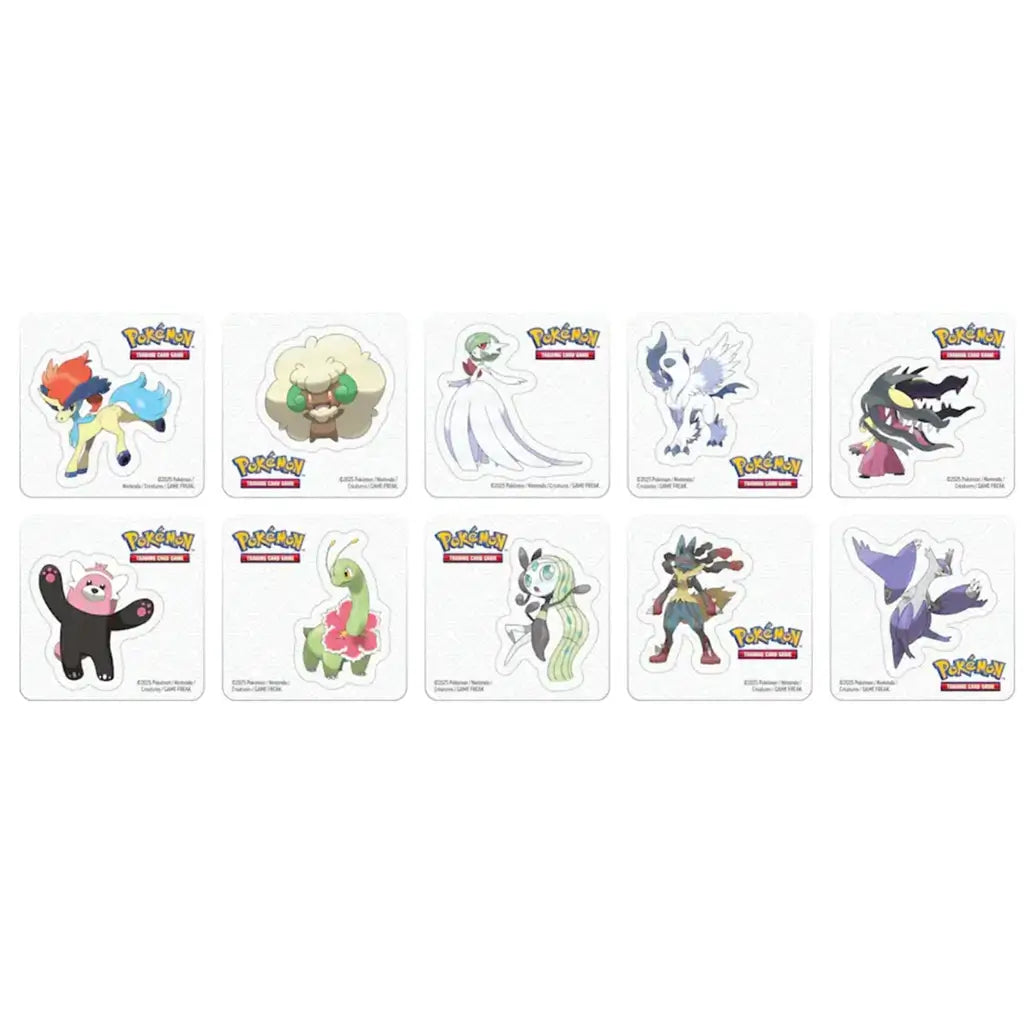 Pokemon TCG character stickers in bright multicolor glossy finish featuring various Pokémon figures in dynamic poses, die-cut collectible decals arranged in a neat grid on a white background.