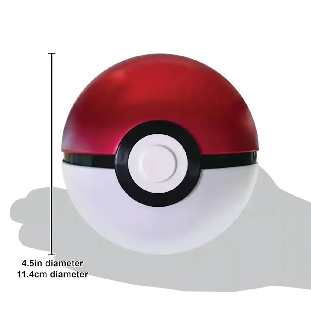 Pokemon TCG Poke Ball Tin in red and white polished metal sphere with black center band, collectible card storage container shown with 4.5 inch 11.4 cm diameter measurement guide on white background.