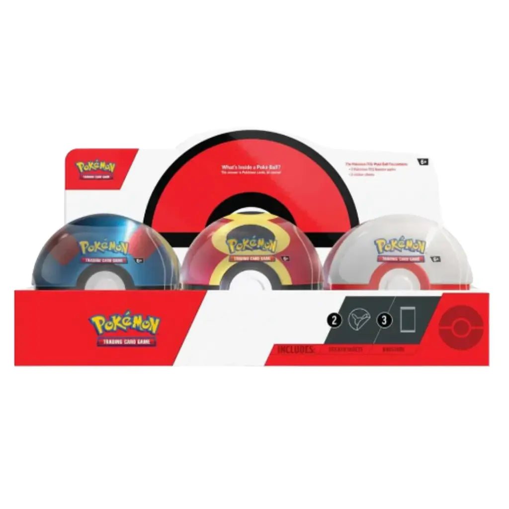 Pokemon TCG Poke Ball Tin set in red, black, blue, and white glossy metal spheres featuring classic Poké Ball designs, collectible card storage tins displayed in retail box packaging on a white background.