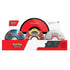 Pokemon TCG Poke Ball Tin set in red, black, blue, and white glossy metal spheres featuring classic Poké Ball designs, collectible card storage tins displayed in retail box packaging on a white background.