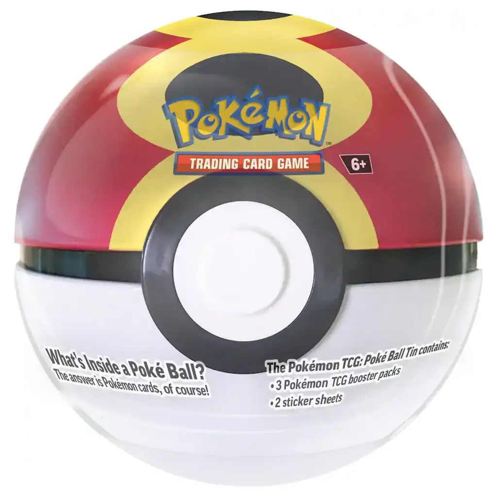 Pokemon TCG Poke Ball Tin in red and yellow glossy metal sphere with black circular center and white lower half, themed trading card storage case shown against a plain white studio background.