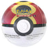 Pokemon TCG Poke Ball Tin in red and yellow glossy metal sphere with black circular center and white lower half, themed trading card storage case shown against a plain white studio background.