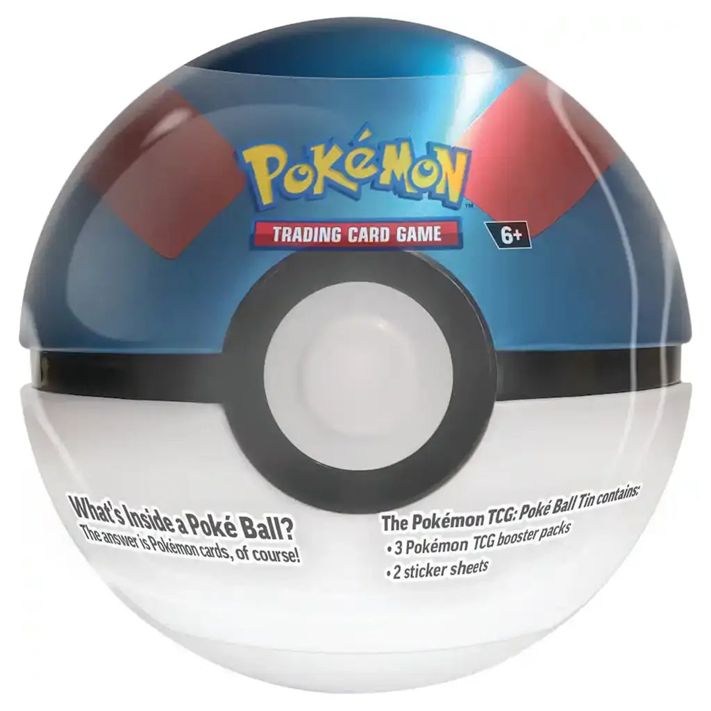 Pokemon TCG Poke Ball Tin in metallic blue and red glossy steel sphere with black center band and white button detail, collectible trading card storage container displayed on a clean white background.