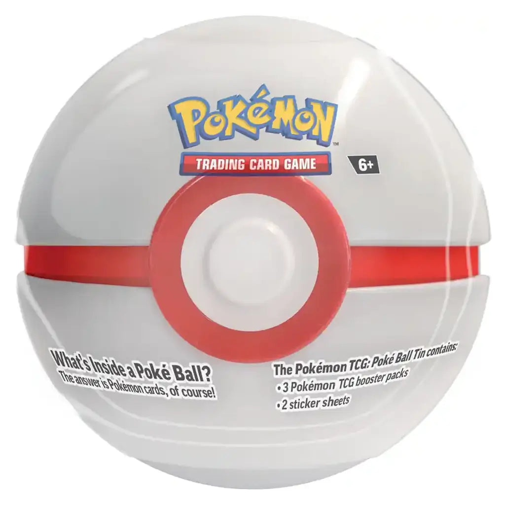 Pokemon TCG Poke Ball Tin in light gray and red smooth metal sphere with centered round button and black band accent, collectible card holder presented on a bright white background.