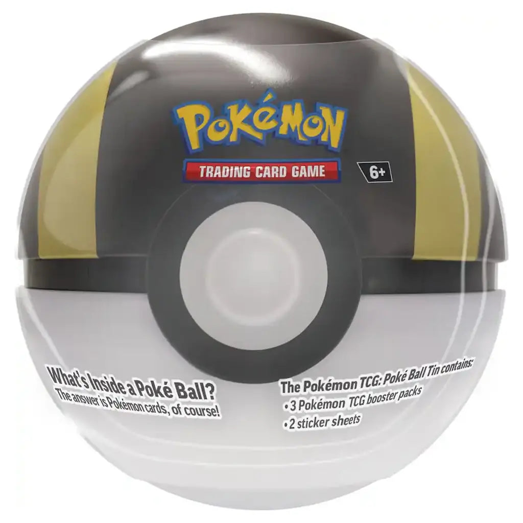 Pokemon TCG Poke Ball Tin in black and gold glossy metal sphere with centered white button and black band detail, themed trading card storage case displayed on a white background.
