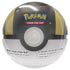Pokemon TCG Poke Ball Tin in black and gold glossy metal sphere with centered white button and black band detail, themed trading card storage case displayed on a white background.