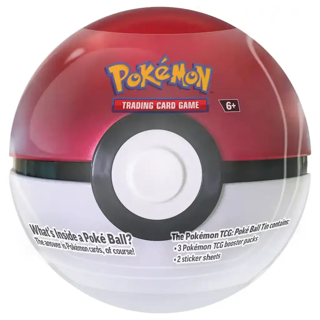 Pokemon TCG Poke Ball Tin in classic red and white glossy metal sphere with black horizontal band and raised center button, portable trading card storage case isolated on white background.