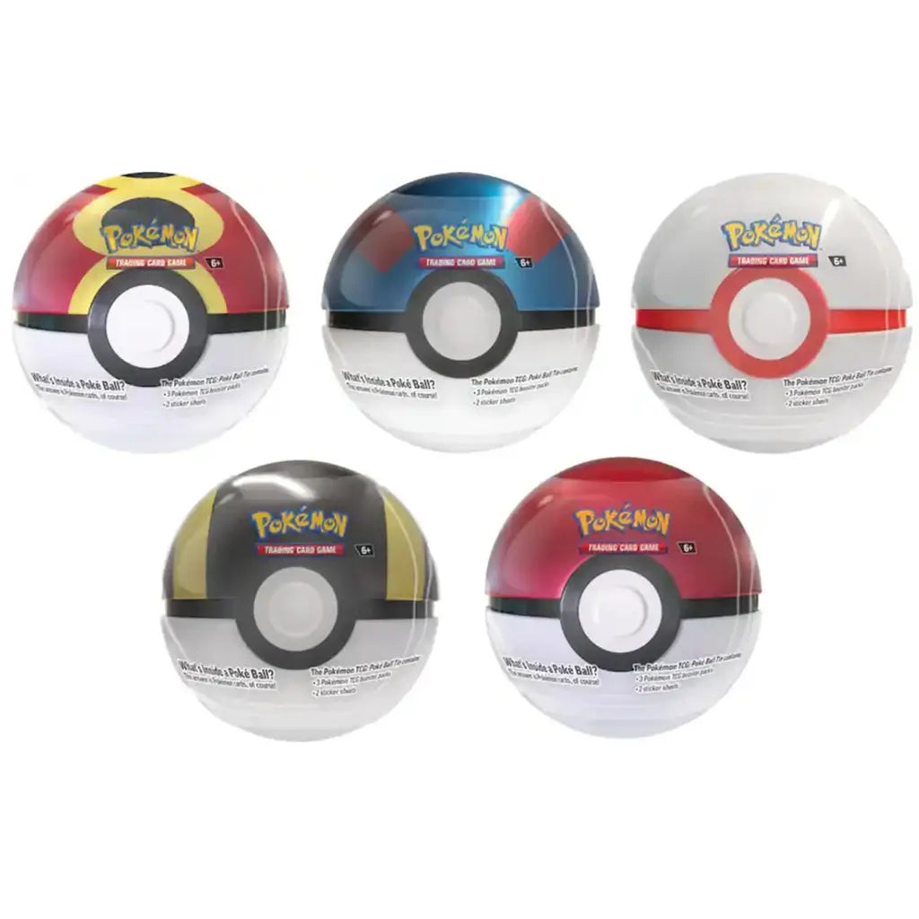 Pokemon TCG Poke Ball Tin assortment in red, blue, black, gold, and white smooth metal spheres shaped like Poké Balls, collectible trading card storage containers shown individually on a clean white background.