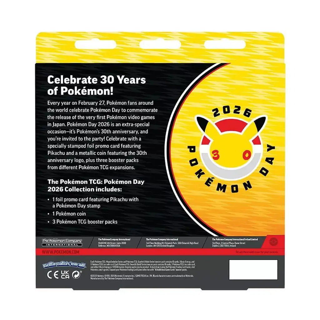 Pokémon TCG Pokémon Day 2026 Collection box back features yellow and black cardboard with 30th anniversary Pikachu artwork, product details and included contents listed.