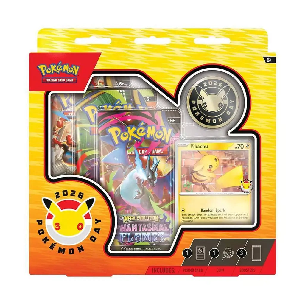 Pokémon TCG Pokémon Day 2026 Collection box features yellow and orange cardboard packaging with a Pikachu promo card, metallic coin and three booster packs visible.