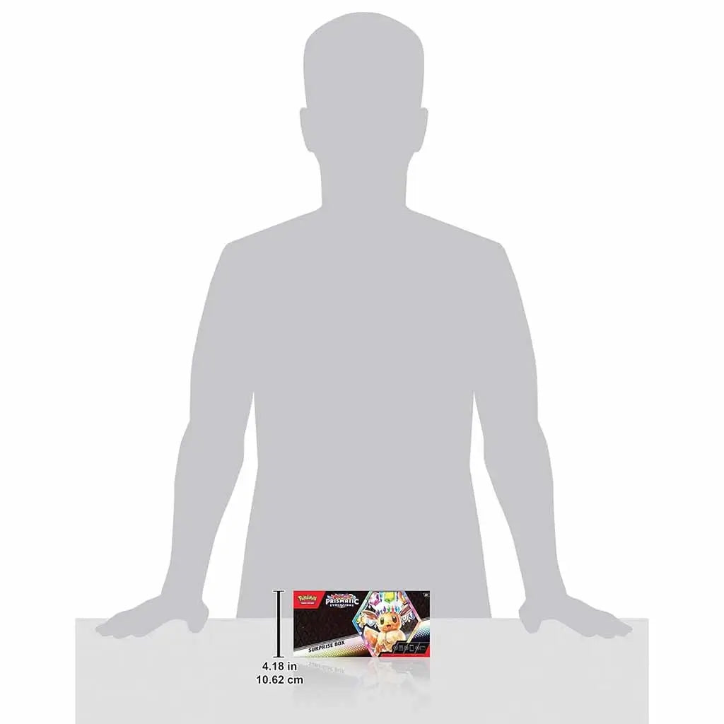 Silhouette comparison image showing Pokémon TCG Prismatic Evolutions Surprise Box placed on a table with 4.18-inch height label, giving visual scale next to a standing figure.