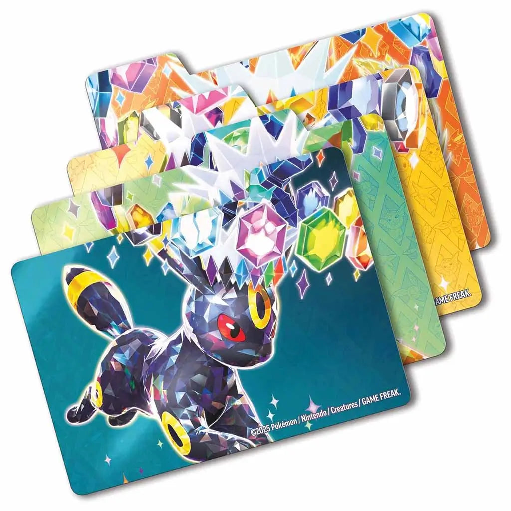Set of four colorful Pokémon TCG Prismatic Evolutions dividers featuring crystal-themed artwork of Eeveelutions like Umbreon and Glaceon, arranged fanned out on white background.