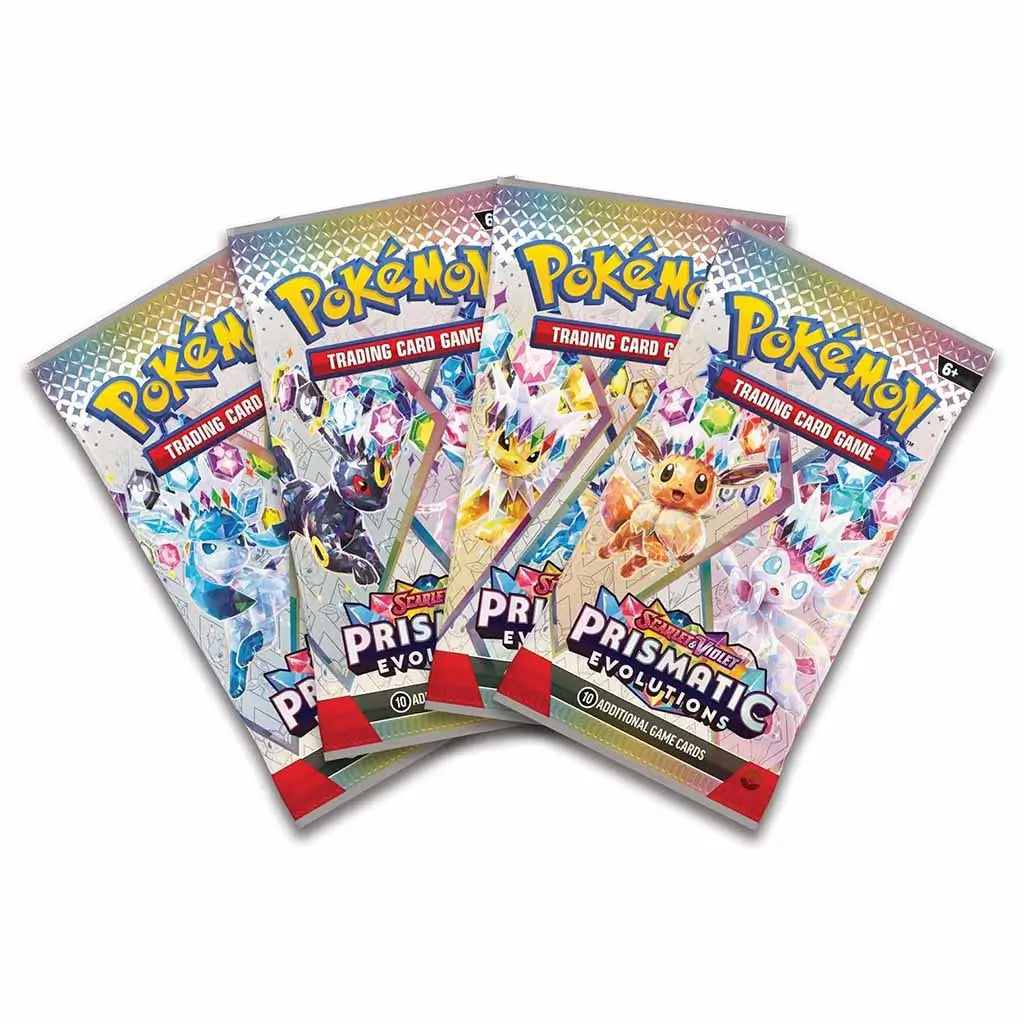Four Pokémon TCG Scarlet & Violet Prismatic Evolutions booster packs with foil packaging featuring Eevee and other Eeveelutions, displayed fanned out on a clean white surface.