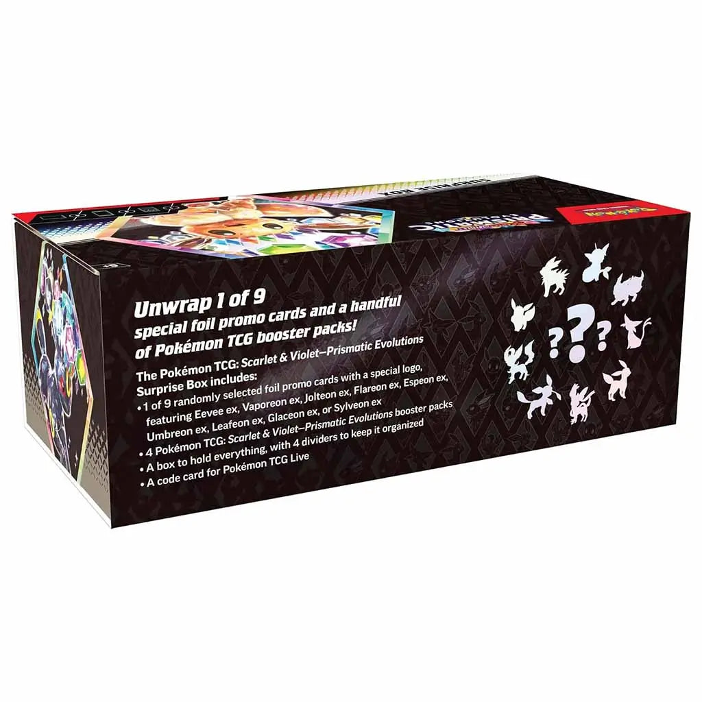 Back of Pokémon TCG Prismatic Evolutions Surprise Box displaying Eevee silhouettes and product description text highlighting nine foil promo cards and four booster packs inside.