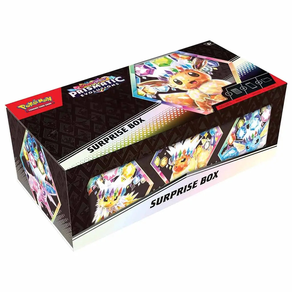 Angled front view of Pokémon TCG Prismatic Evolutions Surprise Box featuring holographic Eevee artwork surrounded by jewel designs, showing colorful sides and glossy finish.