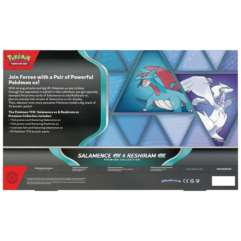 Pokémon TCG collection back panel with blue geometric background framing illustrated Salamence and Reshiram, alongside detailed product information listing foil promo cards, oversized card, and booster packs.