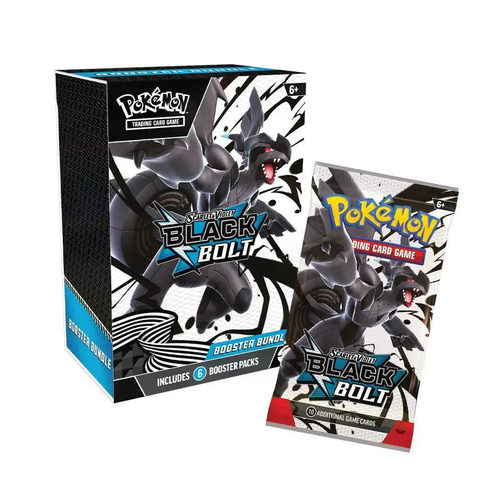 Pokémon TCG Scarlet & Violet Black Bolt booster bundle box with bold Zekrom artwork, shown standing beside a single sealed booster pack from the same set.