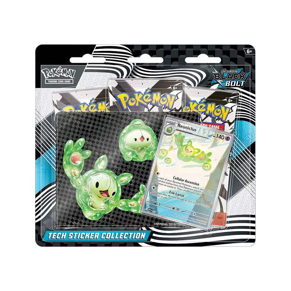 Pokémon TCG Scarlet & Violet Black Bolt Tech Sticker Collection packaging, featuring Reuniclus promo card, clear plastic stickers, and booster packs in a bold checkered box.