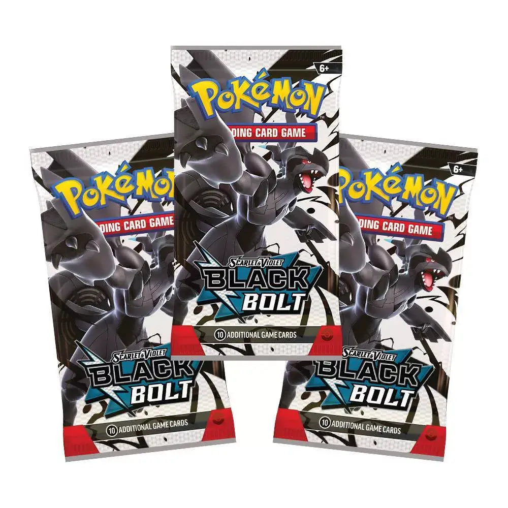 Pokémon TCG Scarlet & Violet Black Bolt booster packs, glossy black and white wrappers with bold Zekrom artwork and lightning bolt design, shown in a grouped display of three.