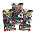 Pokémon TCG Scarlet & Violet Black Bolt booster packs, glossy black and white wrappers with bold Zekrom artwork and lightning bolt design, shown in a grouped display of three.