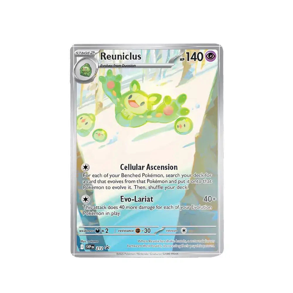 Pokémon TCG Scarlet & Violet Black Bolt promo card featuring Reuniclus, a green Psychic-type Pokémon in a snowy forest scene with detailed move descriptions and stats.