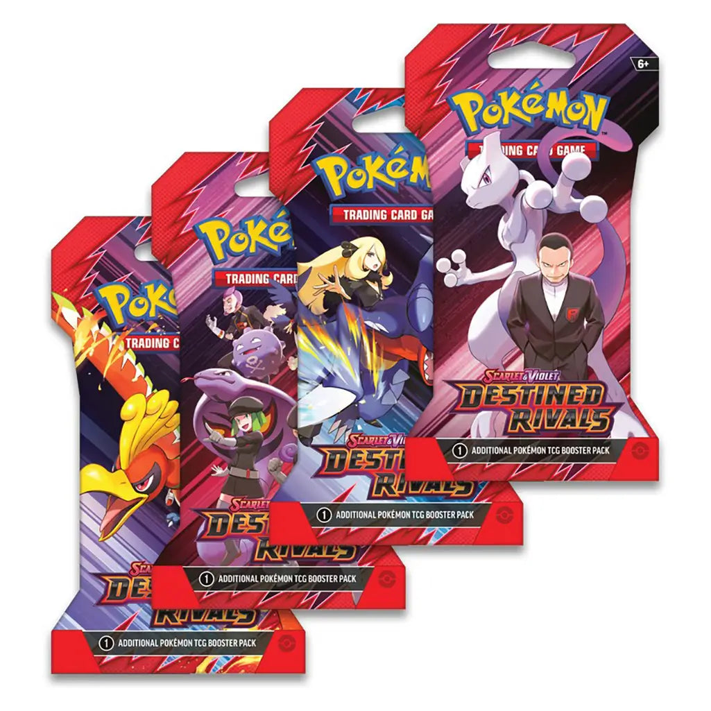 Pokémon Trading Card Game Scarlet & Violet Destined Rivals sleeved booster packs, showing colorful designs with Mewtwo, Giovanni, Cynthia, Garchomp, Moltres, and Team Rocket characters.
