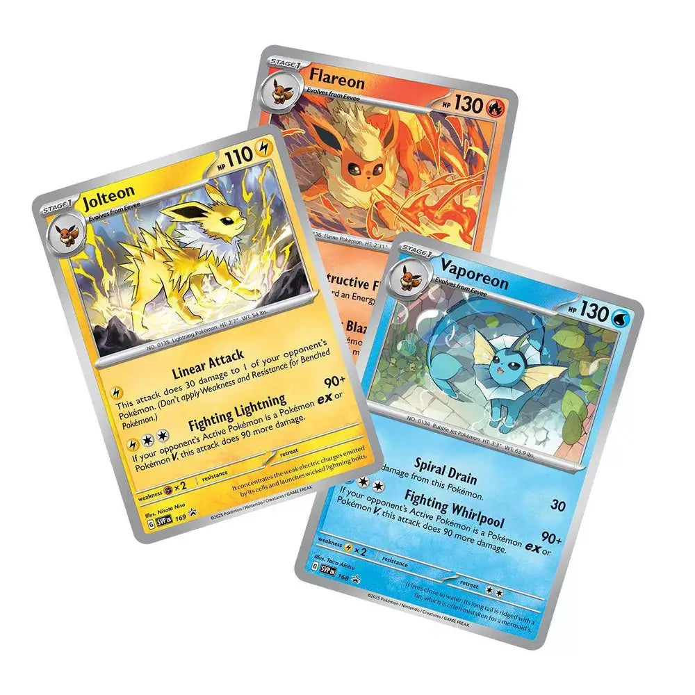 Set of three Pokémon TCG Scarlet & Violet Prismatic Evolutions foil cards featuring Jolteon, Flareon, and Vaporeon, each with powerful attacks and vibrant artwork.