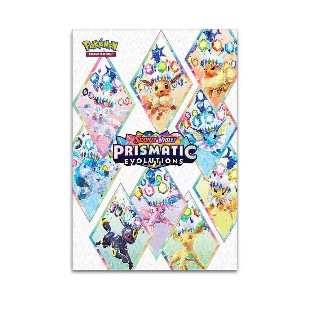 Pokémon TCG Scarlet & Violet Prismatic Evolutions poster featuring vibrant diamond-shaped artwork of Eevee and its evolutions surrounded by colorful gem motifs.