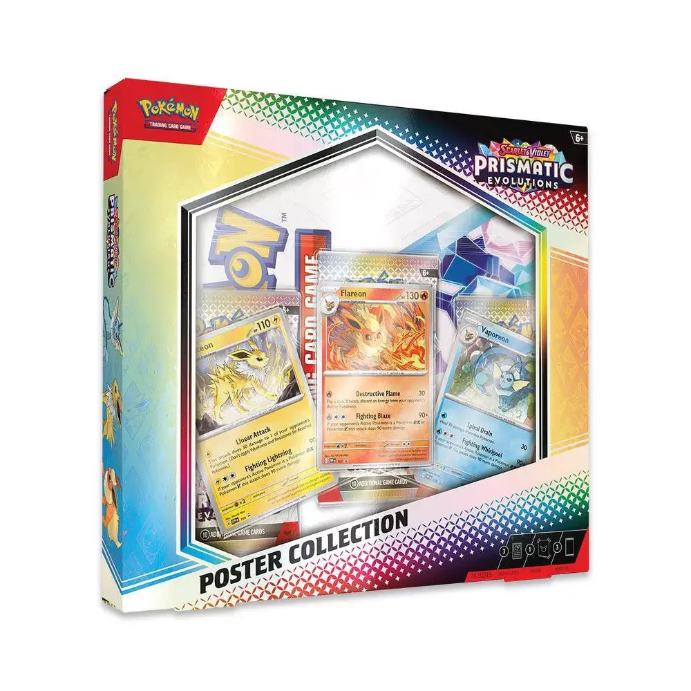 Pokémon TCG Scarlet & Violet Prismatic Evolutions Poster Collection box, including three foil promo cards—Jolteon, Flareon, Vaporeon—and accessories for collectors.