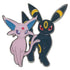 Pokémon TCG Espeon and Umbreon enamel pin in pink and black metal with glossy finish, showing the two Eevee evolutions side by side against a plain white background.