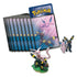 Pokémon TCG Prismatic Evolutions set contents in pink, black, and blue print featuring card sleeves, Espeon and Umbreon promo card art, enamel pin, and detailed figure displayed on a white background.