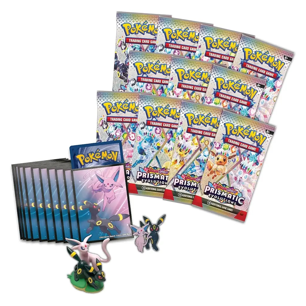 Pokémon TCG Prismatic Evolutions set contents in pink, black, and blue print featuring card sleeves, Espeon and Umbreon promo card art, enamel pin, and detailed figure displayed on a white background.