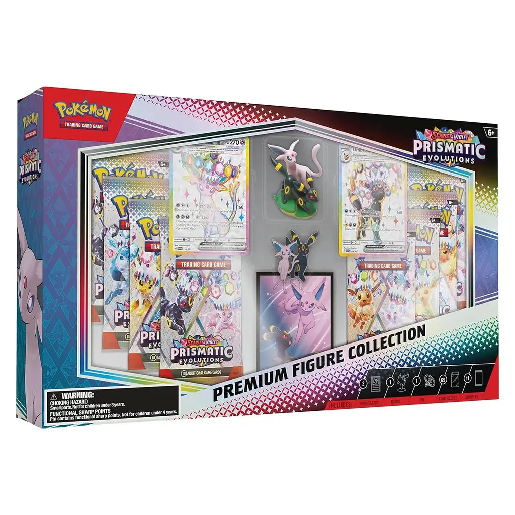 Pokémon TCG Scarlet & Violet Prismatic Evolutions Premium Figure Collection box in rainbow gradient packaging with clear window showing promo cards, booster packs, Espeon and Umbreon figure, and enamel pin.