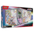 Pokémon TCG Scarlet & Violet Prismatic Evolutions Premium Figure Collection box in rainbow gradient packaging with clear window showing promo cards, booster packs, Espeon and Umbreon figure, and enamel pin.