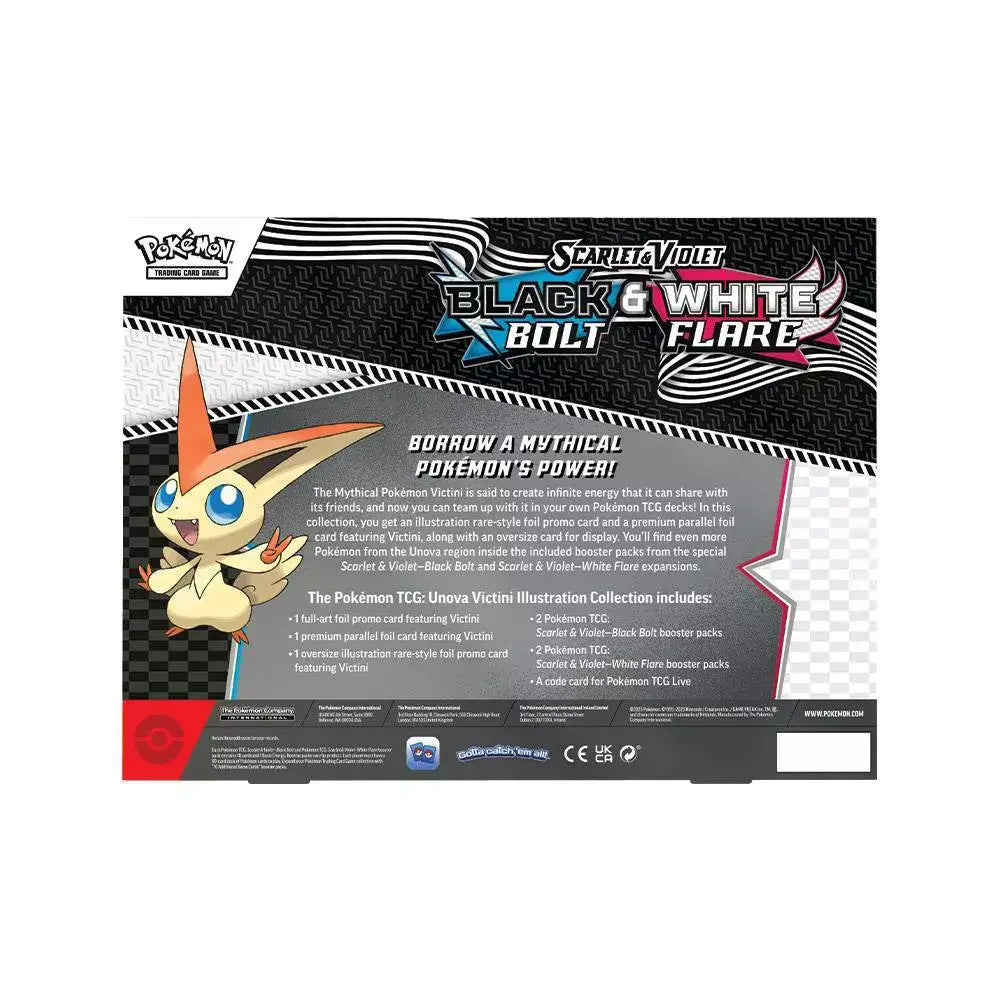 Back of Pokémon TCG Scarlet & Violet Unova Victini Illustration Collection box, featuring black and silver design with Victini artwork and detailed list of included promo cards and boosters.
