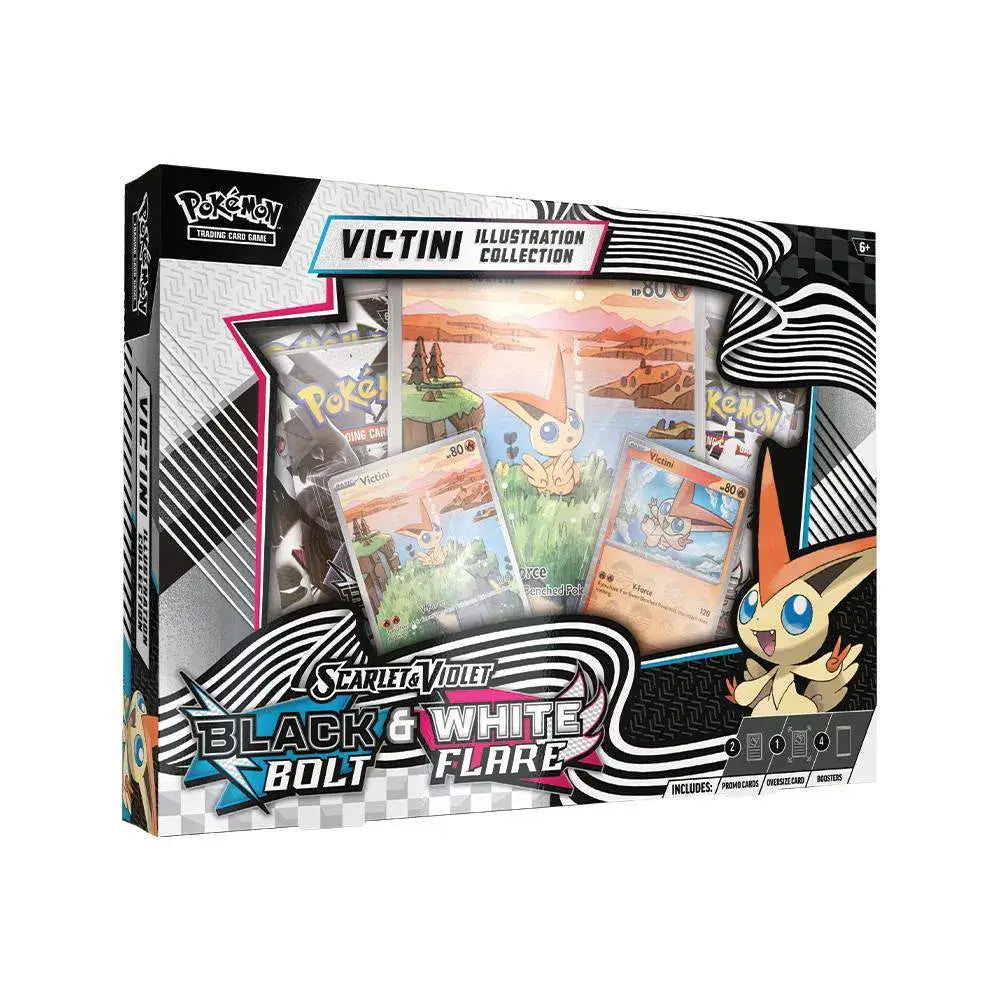 Front of Pokémon TCG Scarlet & Violet Unova Victini Illustration Collection box, clear window showing Victini promo cards and booster packs with bold Black & White Bolt Flare branding.