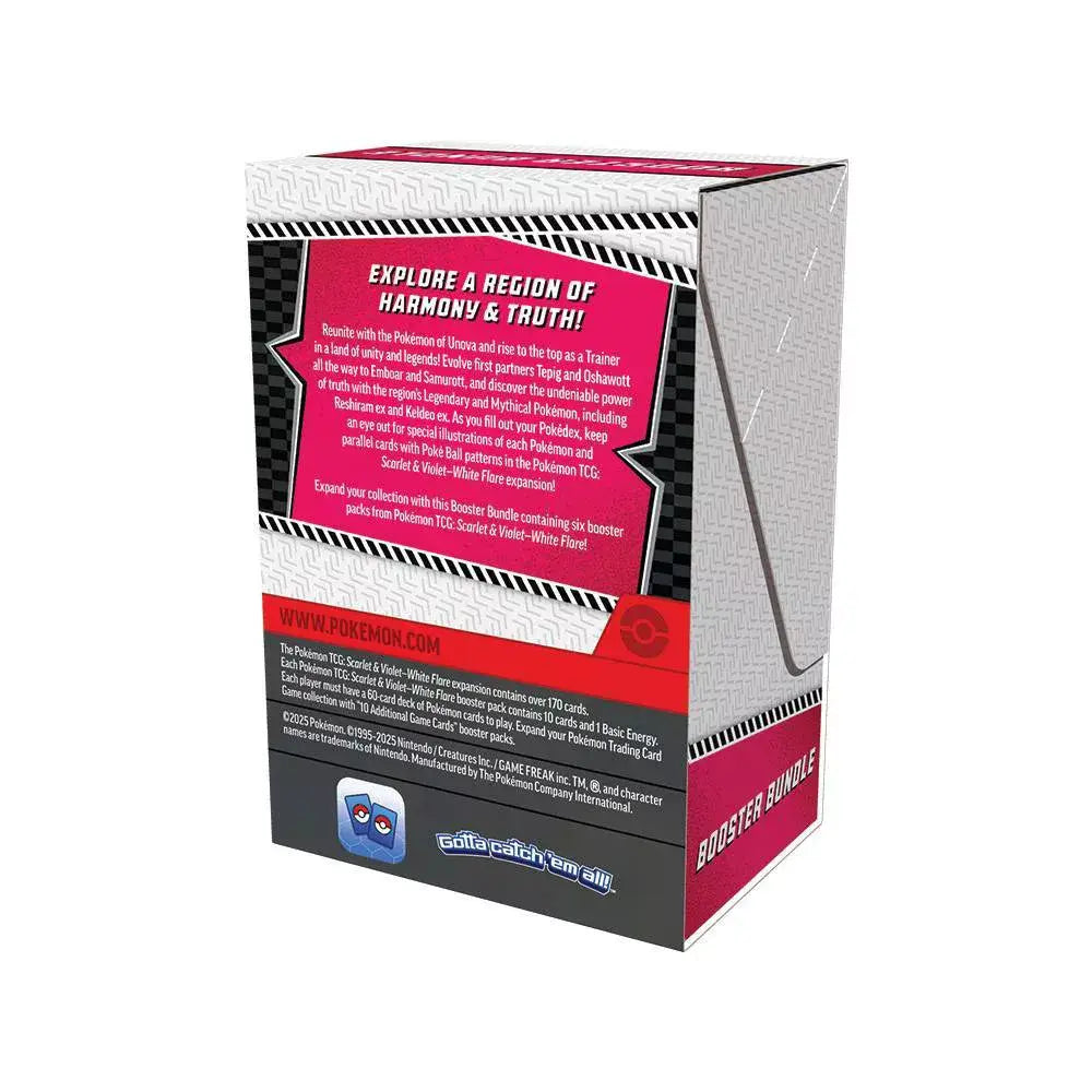 Back of Pokémon TCG Scarlet & Violet White Flare booster bundle box, gray textured background with red info panel describing features, card count, and set details.