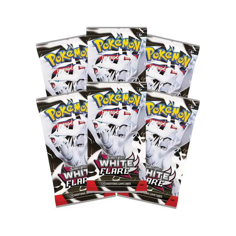 Pokémon TCG Scarlet & Violet White Flare booster packs, glossy foil wrappers in black, white, and red with Reshiram artwork, arranged in a neat set of six.