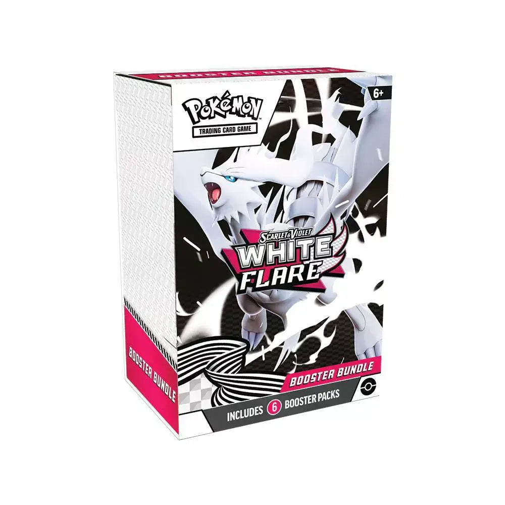 Pokémon Trading Card Game Scarlet & Violet White Flare booster bundle box, white textured design with bold Reshiram art, containing six sealed booster packs.
