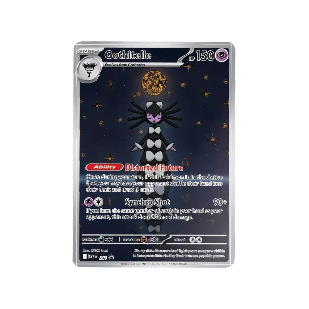 Pokémon TCG Scarlet & Violet White Flare promo card featuring Gothitelle, a dark Psychic-type Pokémon under a starry sky with moonlit background, showcasing ability and move details.