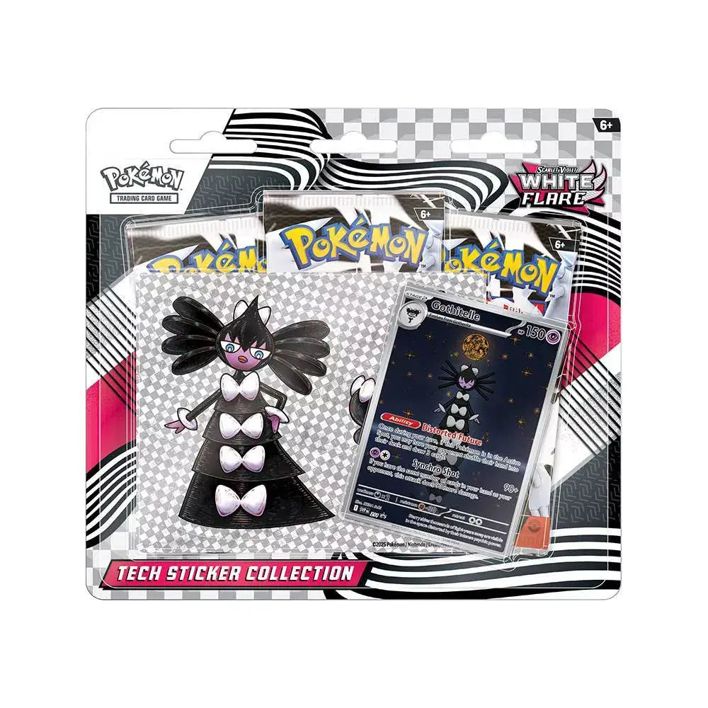 Pokémon TCG Scarlet & Violet White Flare Tech Sticker Collection packaging, featuring Gothitelle promo card, decorative sticker, and booster packs in a checkered display box.